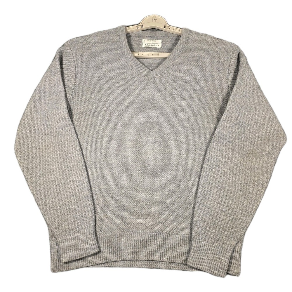 Vintage Christian Dior V-Neck Sweater Men's Large Gray Made In USA Acrylic Knit